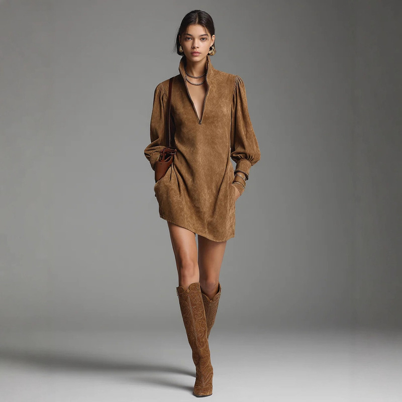 2025 New Cross-Border Amazon Independent Long-Sleeved Zipper Stand Collar Dress for Women