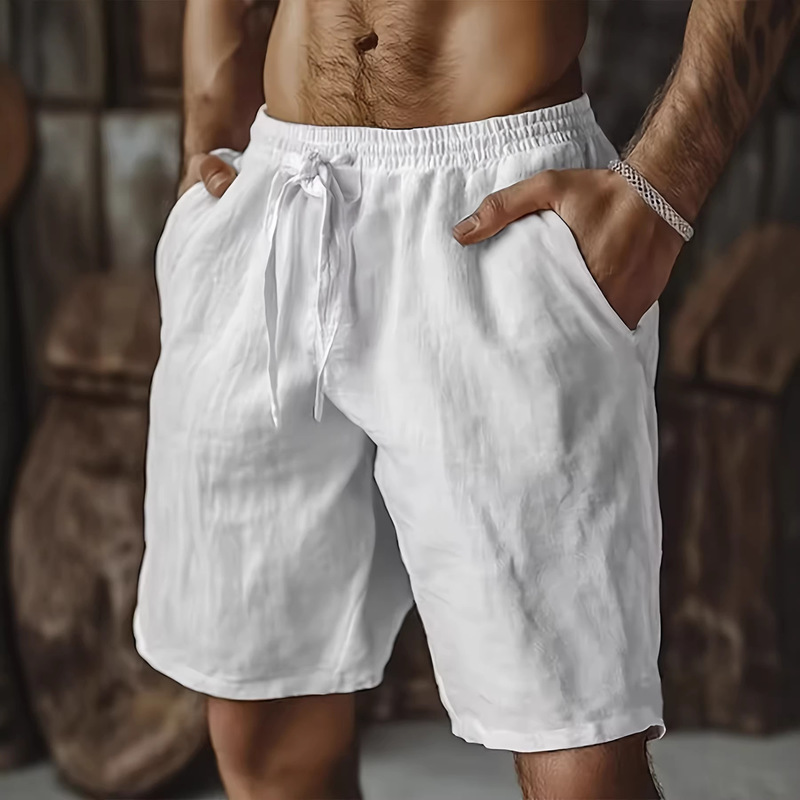 Cross-Border New Style Linen Shorts with Drawstring Elastic Waist, Straight Leg, Solid Color, Breathable, Everyday Beach Casual Shorts for Men Cross-Border New Style Linen Shorts with Drawstring Elastic Waist, Straight Leg, Solid Color, Breathable, Everyday Beach Casual Shorts for Men