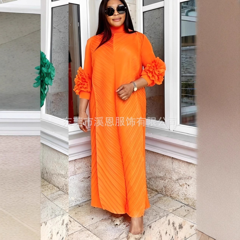Miyaki Pleated Fashion Round Neck Solid Color Plus-Size High-Elastic Hand-Cranked Floral Elegant Women's Dress Cross-Border Non Miyaki Pleated Fashion Round Neck Solid Color Plus-Size High-Elastic Hand-Cranked Floral Elegant Women's Dress Cross-Border Non