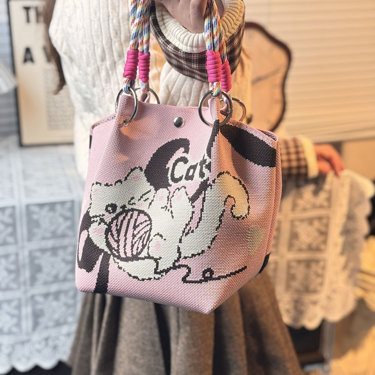 经典复古小众针织手拎包便携出行手提包零钱包休闲百搭中古水桶包