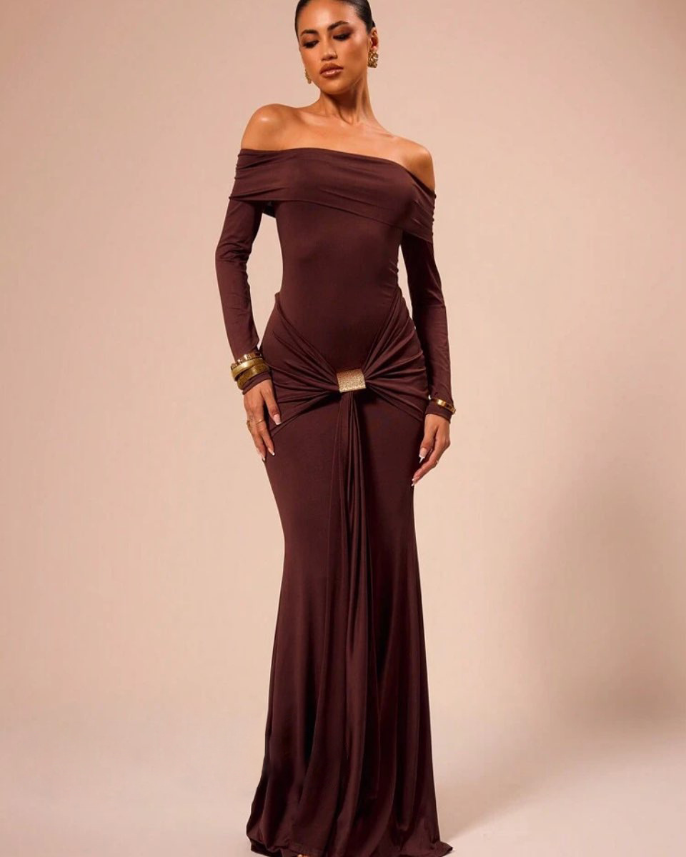 2024 otoño y invierno nuevo estilo europeo y americano ropa de mujer temperamento de moda de hombro de color sólido de manga larga delgada vestido de cadera para mujeres