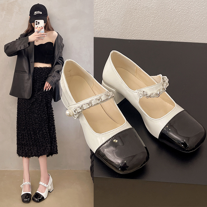 Nieuwe parelmoer retro Mary Jane schoenen voor dames, lente hoge hakken, Franse vierkante neus, kleurblokken, Chanel-stijl chunky_voghion.com