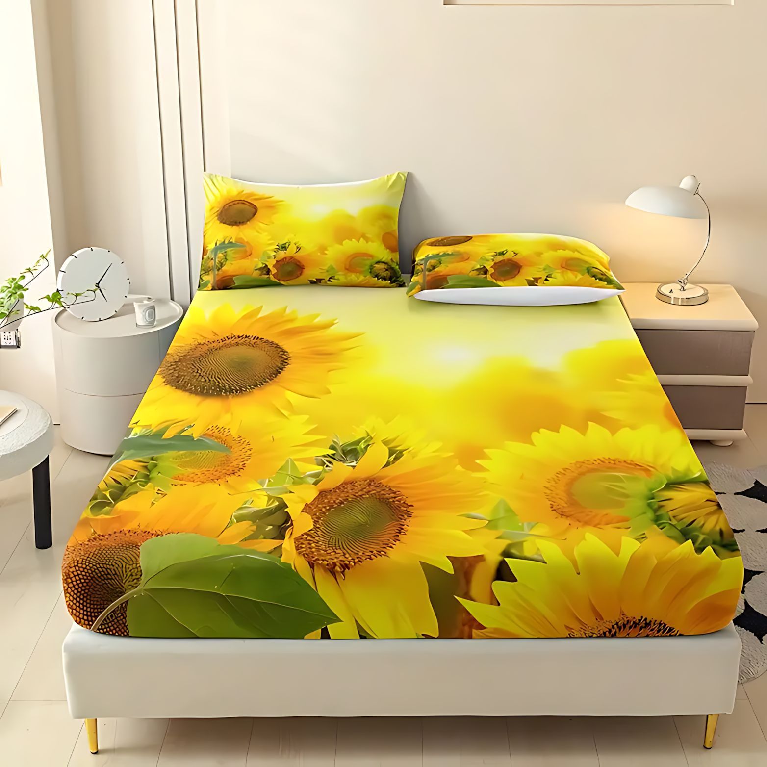 TEMU / JIT transfronterizo brillante girasol HD impresión digital cama suave gaza almohada conjunto de dibujo puede hacer