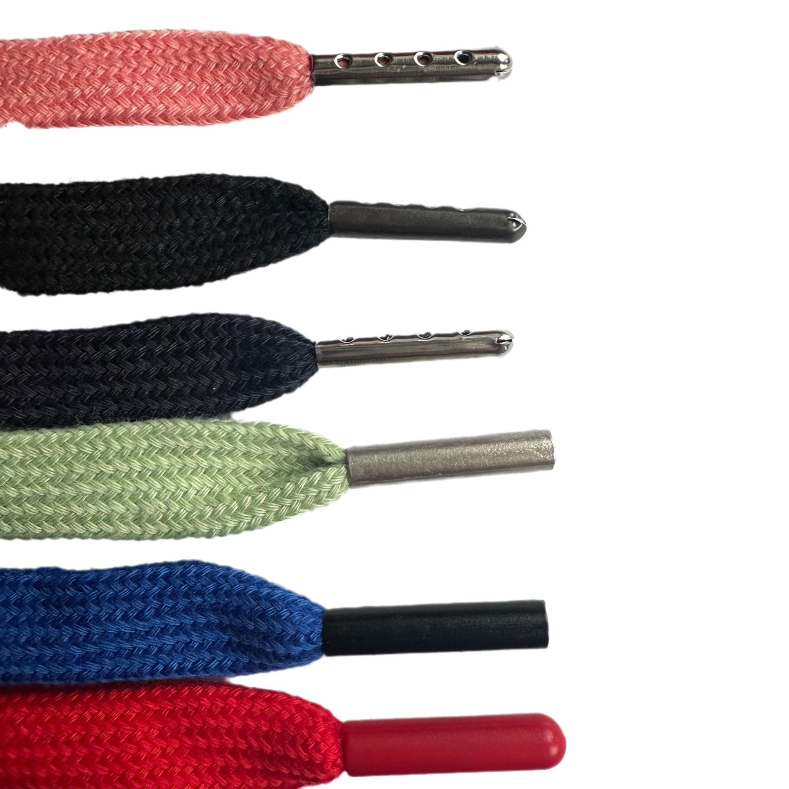 Fabricante en stock plano 1cm 1,2 cm doble capa color hueco cuerda de algodón plana ropa sombrero cuerda pantalones cuerda cordón cabeza de metal