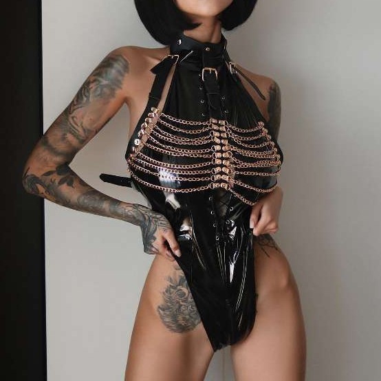 Foreign Trade Supply 2025 Sexy Temptation Bundled Metal Chain Patent Leather Uniform Passionate Body Shaping Intimates Jumpsuit