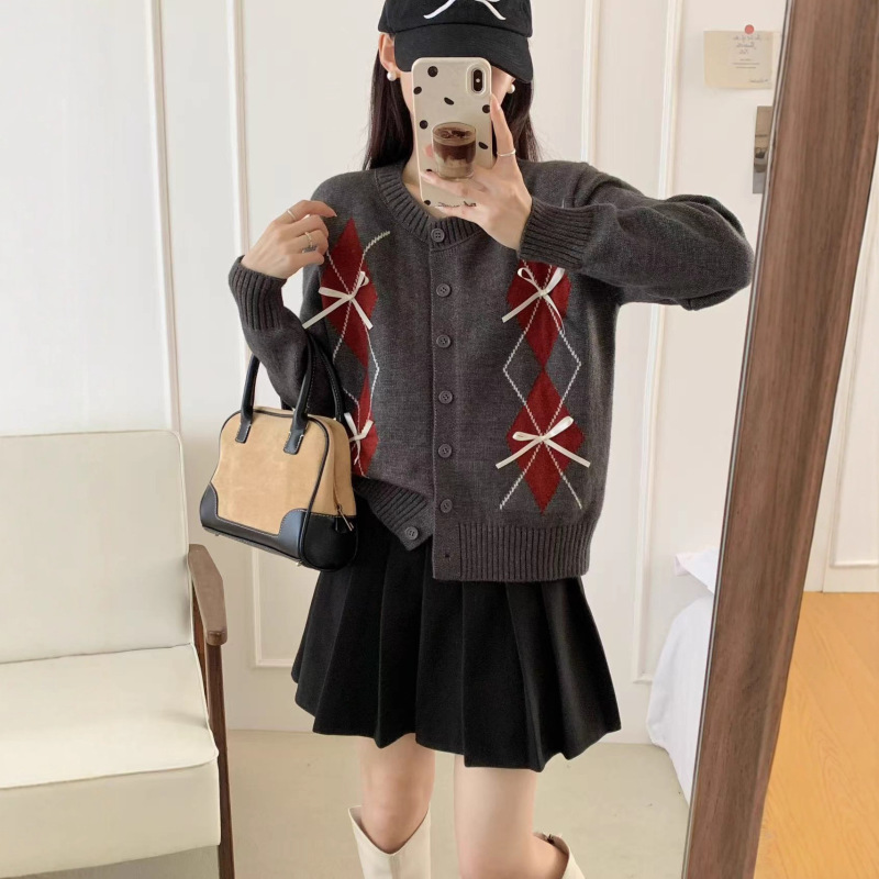 菱形格纹蝴蝶结针织开衫女秋季新款韩系设计感毛衣小个子上衣女|undefined