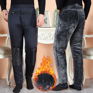 Elderly winter dad cotton pants outer wear middle-aged and elderly fleece-lined elastic pants men's plus size thickened knee pad warm pants