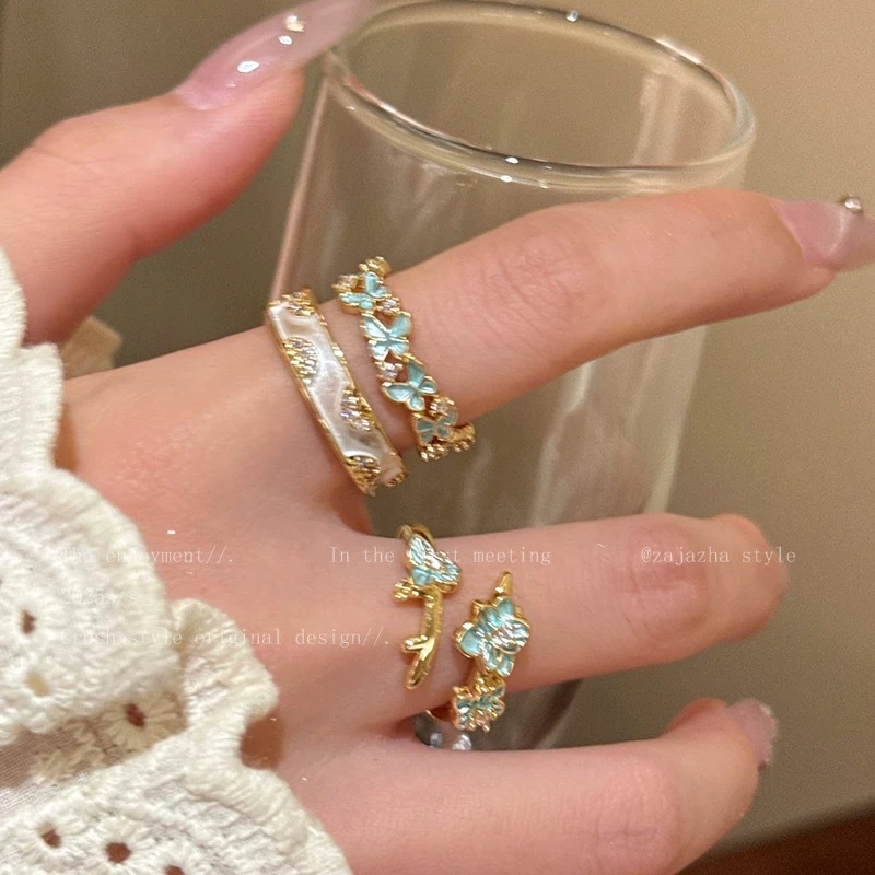 温柔绽放~鸢尾蝴蝶锆石开口戒指女款中古小众设计食指戒时尚指环|undefined