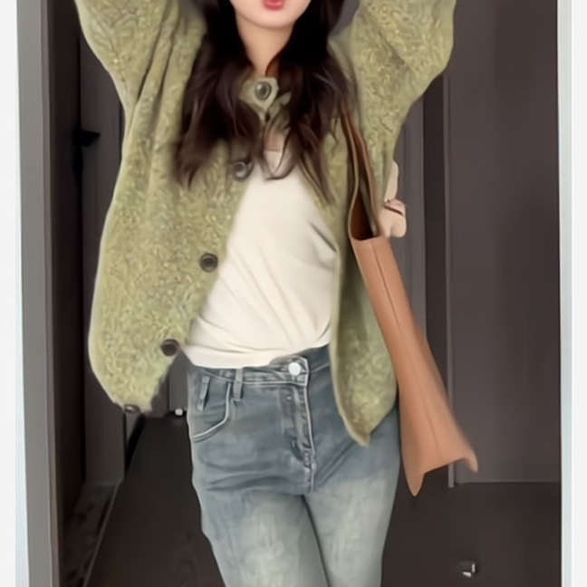 绿色宽松短款圆领针织开衫毛衣外套女秋冬韩系慵懒风厚设计感上衣|undefined