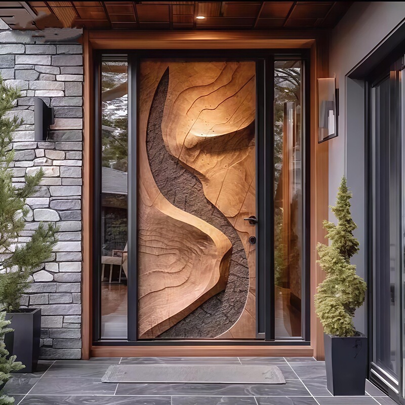 Customized finely carved cast aluminum courtyard door for self-built homes, wood grain style pivot door, villa entrance door, double-door entry door