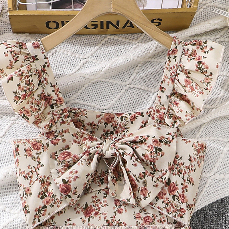Girls French Style Summer Floral Dress Square Neck Ruffled Shoulder Strap Suspender Bow Children's Young Girls Clothing 8-16Y_voghion.com