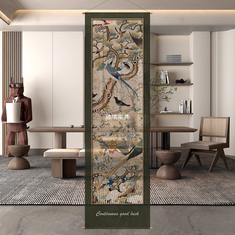 Nuevo estilo chino de pájaros de flores de flores semipermeables cortina de tela larga colgante de tela atmósfera sala de té sala de té cortina de partición decoración de sala