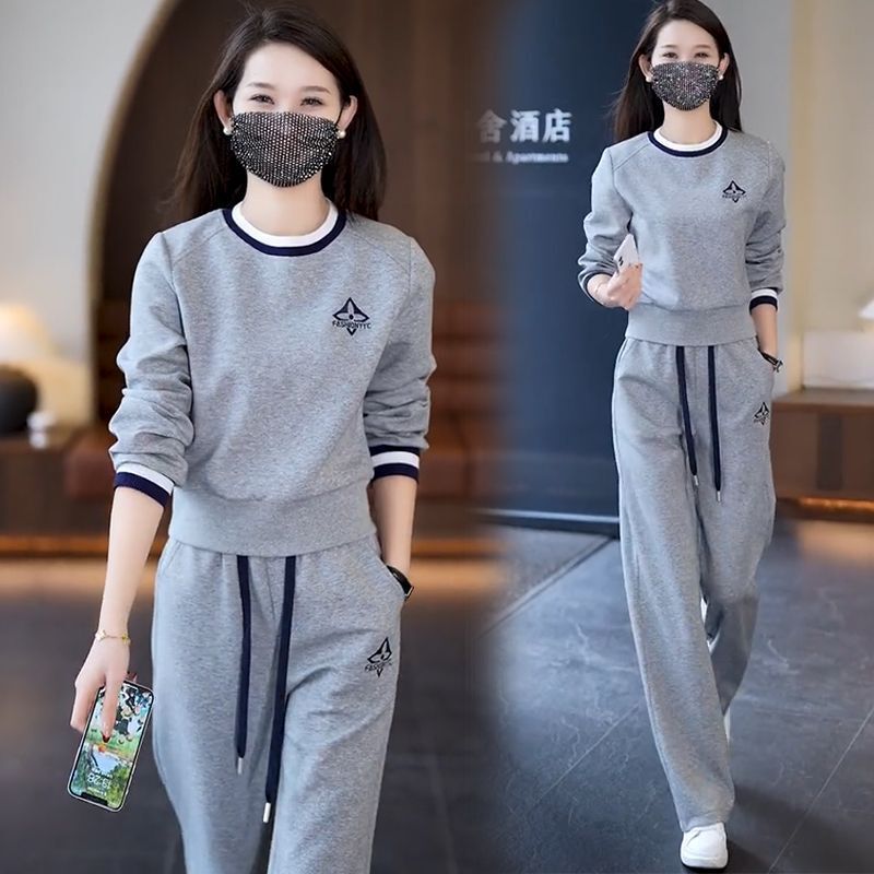 Spring and Autumn Casual Fashion suit Loose Slimming Short Sweat Wide-leg Trousers Sports suit Women's Two-piece Set