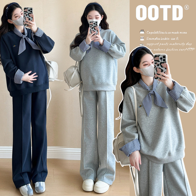 Pregnant Women's suit Spring and Autumn Trendy Mom's New Fashion Elegant Design Sense Casual Stitching Plaid Sweatshirt Slimming Straight Pants Pregnant Women's suit Spring and Autumn Trendy Mom's New Fashion Elegant Design Sense Casual Stitching Plaid Sweatshirt Slimming Straight Pants