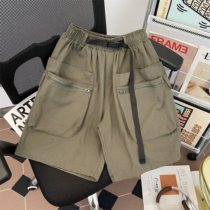 American Functional Style Cargo Shorts for Men, National Trend, Multi-Pocket, Loose Casual, Elastic Waist, Drawstring, Straight-Leg, Knee-Length Shorts
