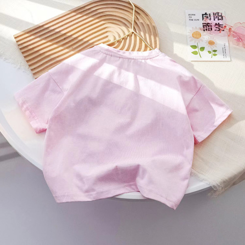 Girls' Short Sleeve T-Shirt Children's Summer Thin Cute Matchable 3D Decorated Flowers Girls' Half Sleeve Top