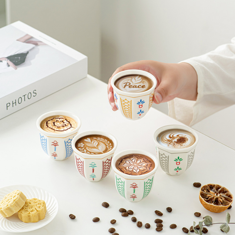 100ml Set of 6 Middle Eastern Hot-Selling Mini-Sized Traditional Arabic Festival Ceramic Espresso Cups in Stock with Labels