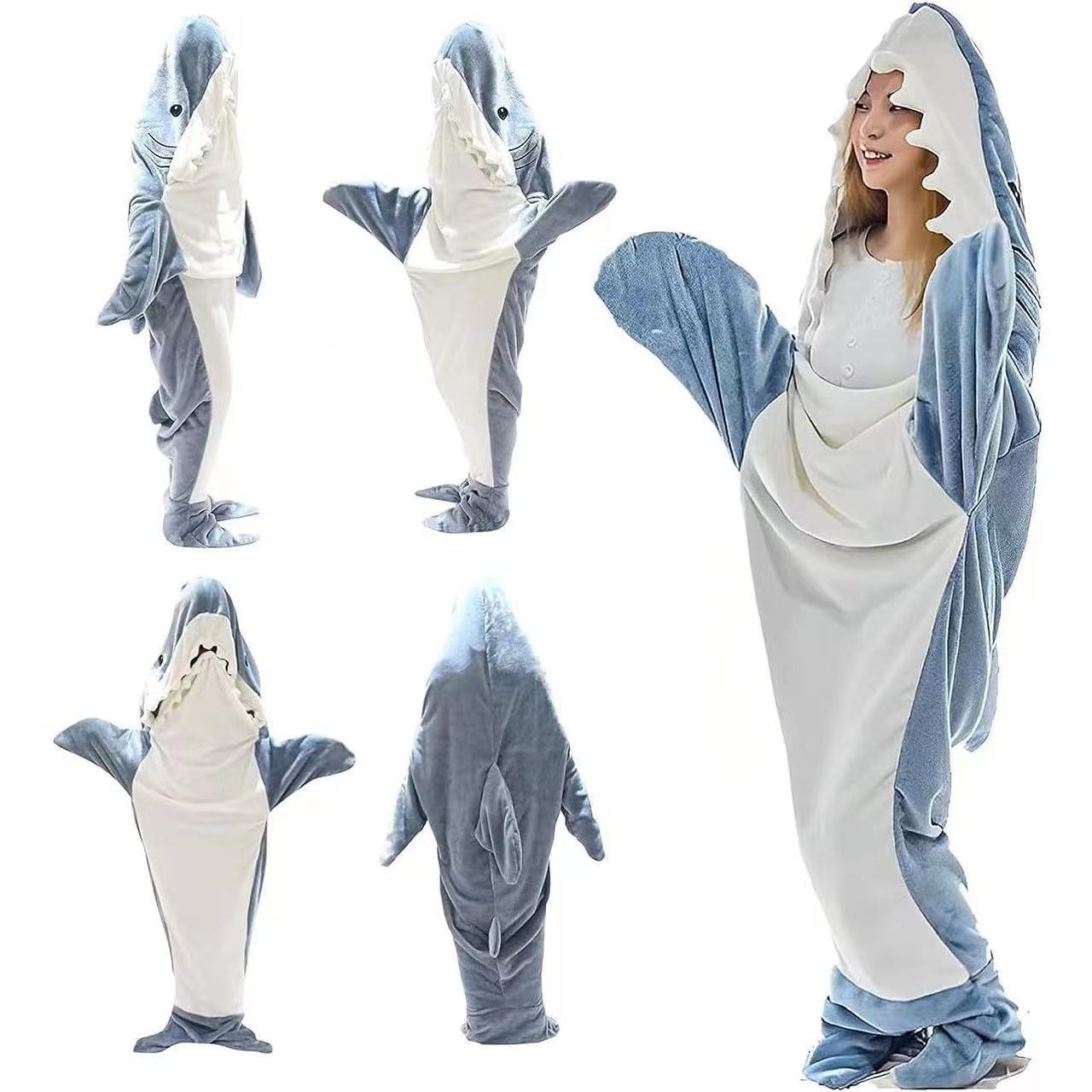 Cross-border cartoon sand carving shark sleeping bag one-piece pajamas flannel shark home wear one-piece shark sleeping bag autumn and winter