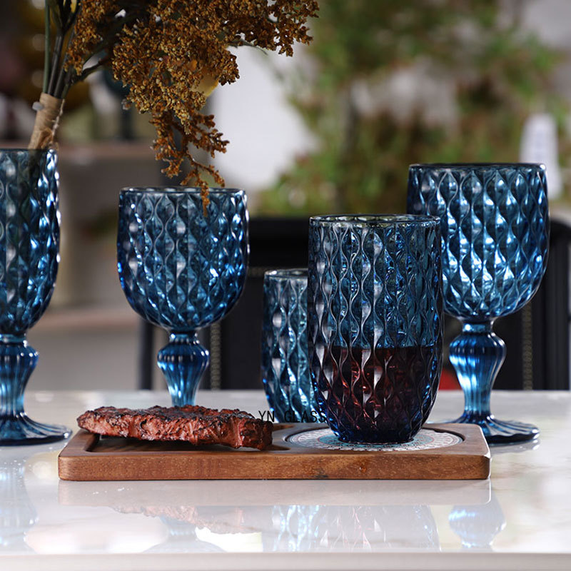 blue glass retro wineglass for home use