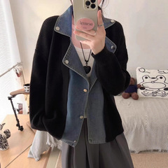 重工牛仔拼接针织假两件外套欧美风2025秋冬新款宽松慵懒风毛衣女