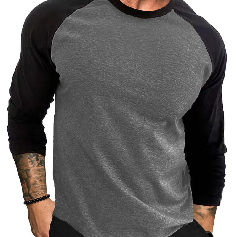 American Retro Baseball Shirt for Men, Raglan Sleeves, Color-Blocked Long-Sleeved T-Shirt, Pure Cotton, Comfortable and Breathable, Casual Sports Style