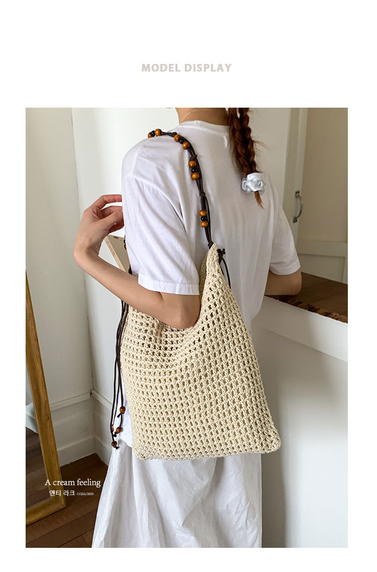 Summer woven beaded single-shoulder bag for women, large capacity, retro and fashionable, hollowed-out casual vacation style underarm crossbody bag full figure