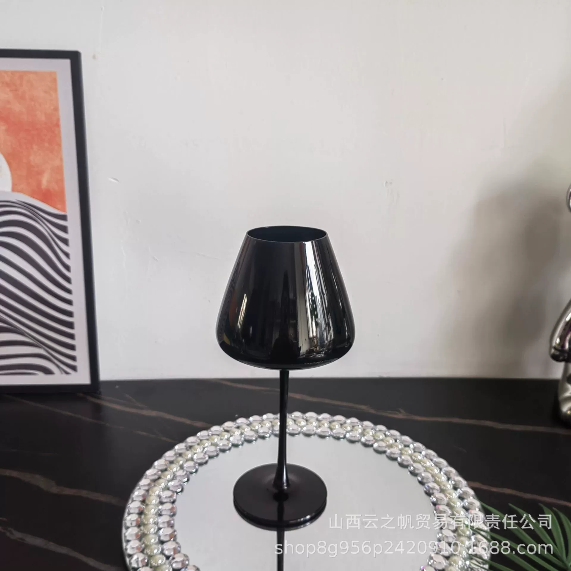 Black glass wineglass, home decor