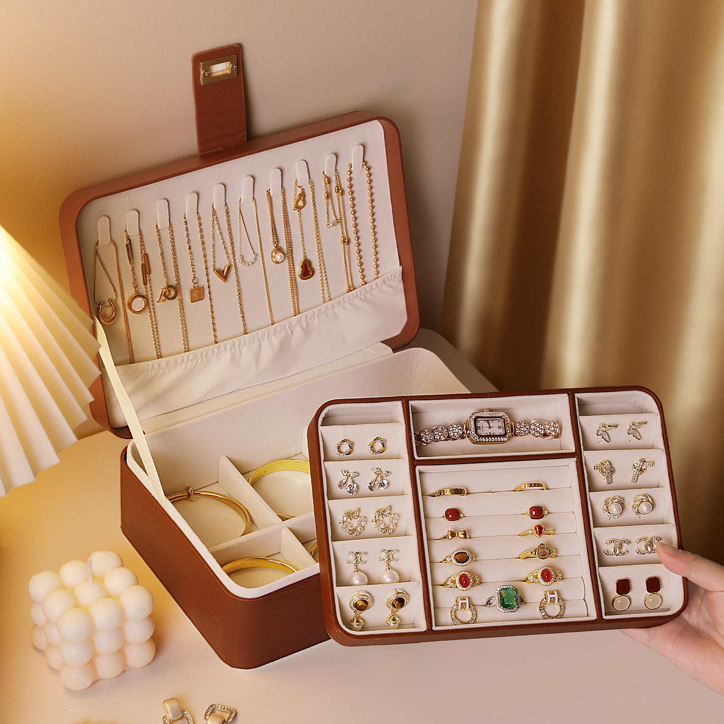 美拉德首饰收纳盒耳环耳钉项链手饰品盒2025新款精致高档黄金盒子
