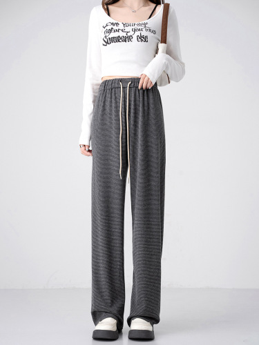 Women's Thick Striped Texture Wide Leg Pants with Fleece for Autumn and Winter, Flowy and Slimming High-Waisted Leisure Style Floor-Length Straight Leg