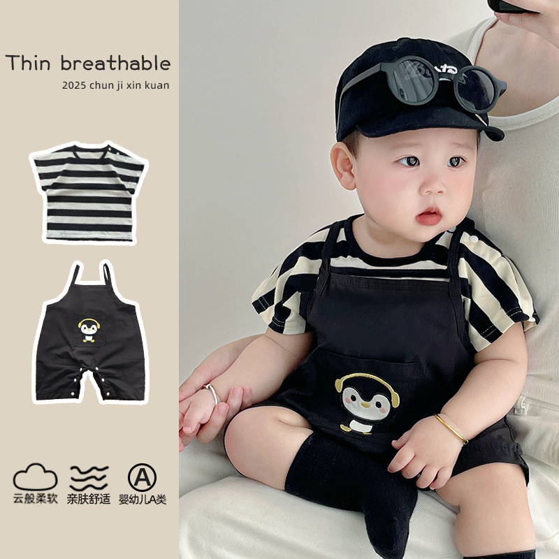[T-Shirt + Overalls Set] Korean Summer Baby Clothes, Cute Short-Sleeved Robes, Thin One-Piece for Infants and Young Children