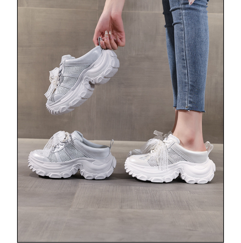 Dép lê bít mũi sneaker nữ đế dày tăng chiều cao mặt lưới thoáng khí — Màu trắng, Màu bạc chi tiết 17