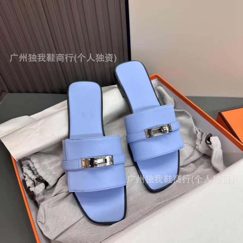 H Brand Small Silver Buckle High-End Version Flat-Soled Fashionable Women's Slippers, Direct Sales from Cross-Border Foreign Trade Manufacturers, Negotiable Price