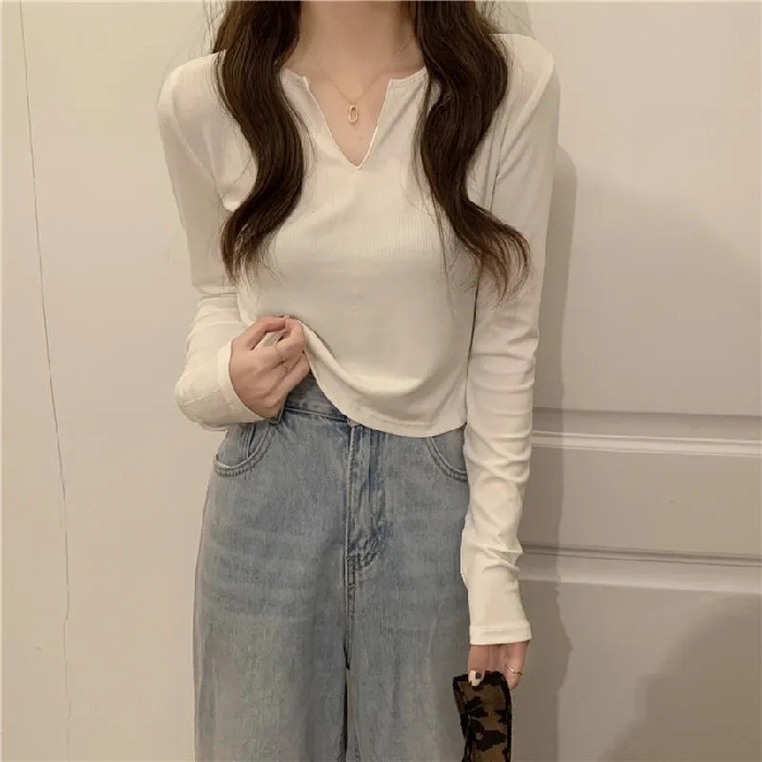 Camiseta única con cuello en V y manga larga para mujer, nueva colección primavera-otoño 2026, estilo coreano, corte ajustado, versátil, camiseta básica, top corto.
