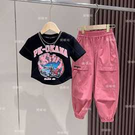 夏季中大女童字母短款半袖t恤新款2024韩版洋气可爱透气短袖T上衣