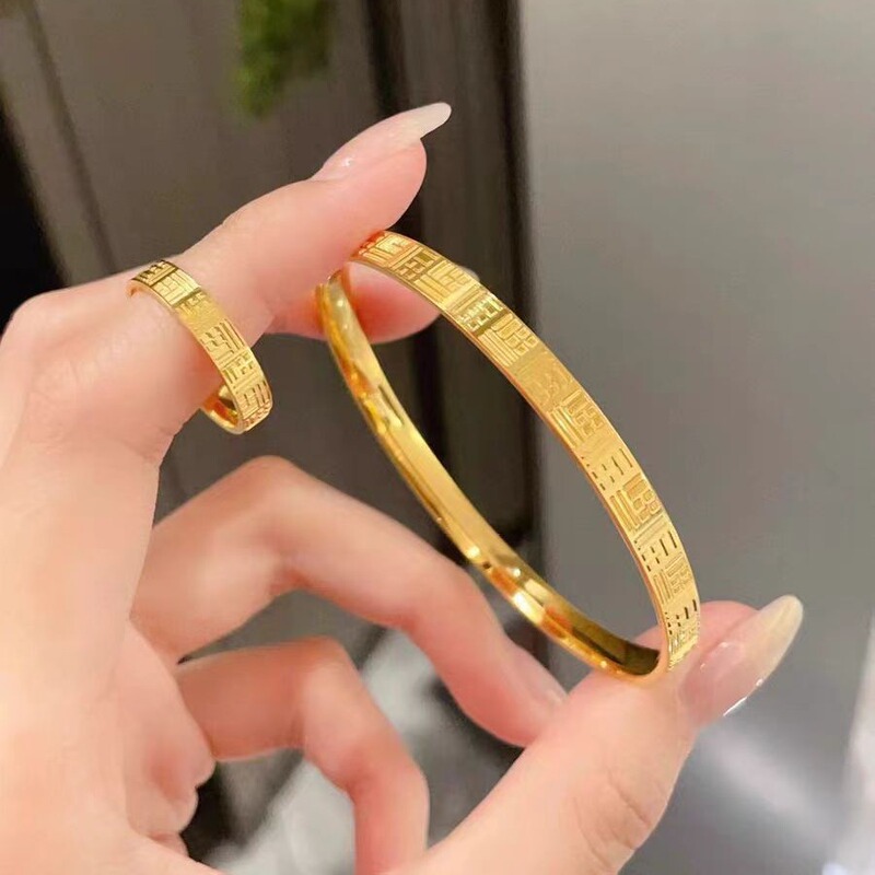 Zhou Family's Same Style CNC Blessing Bracelet Ring suit Gold Color Imitation Vietnam Sand Gold Ancient Fafu Bracelet Ring Zhou Family's Same Style CNC Blessing Bracelet Ring suit Gold Color Imitation Vietnam Sand Gold Ancient Fafu Bracelet Ring
