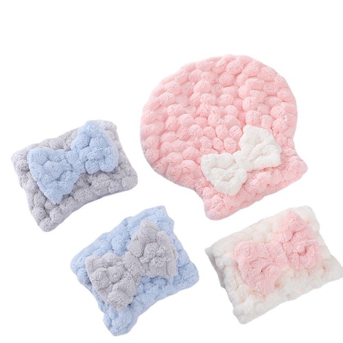 Coral velvet new cloud grid dry hair cap cute bow absorbent women's turban manufacturer wholesale thickened shower cap