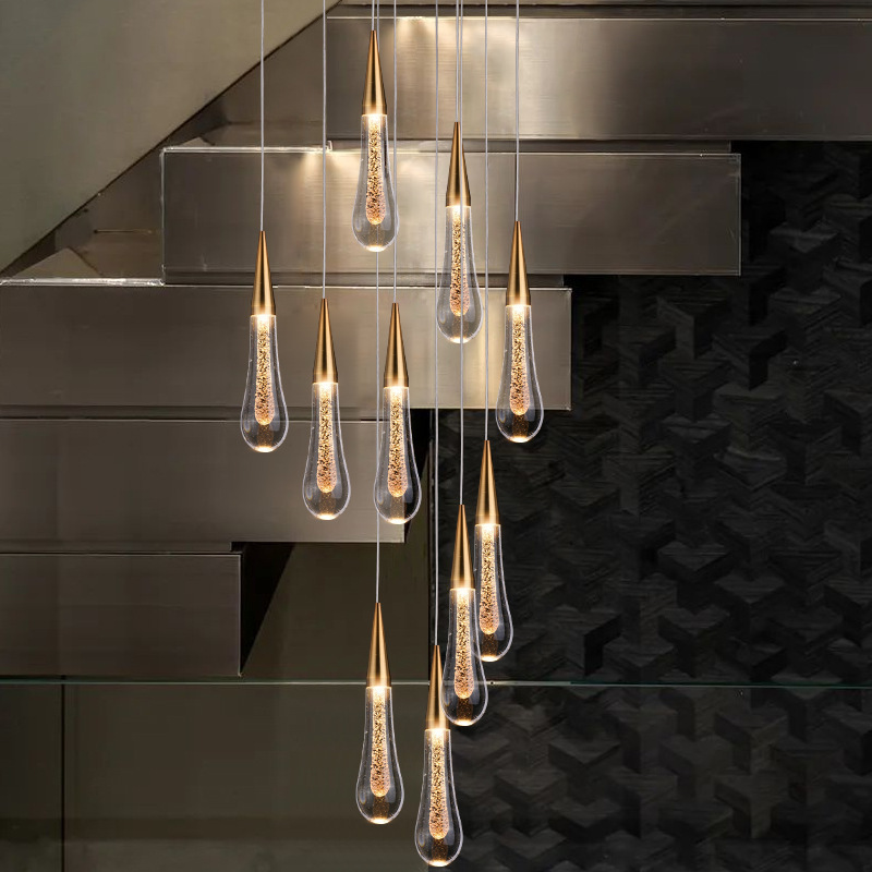 Villa moderna y minimalista lluvia meteorita chandelier gota de agua chandelier escalera de luces LED personales restaurante bar gota de luz