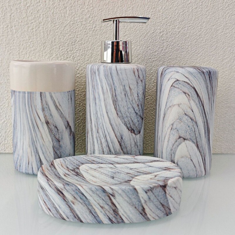 Water transfer white earth bathroom hotel four-piece marble blue perfume bottle lotion bottle gargle cup soap dish