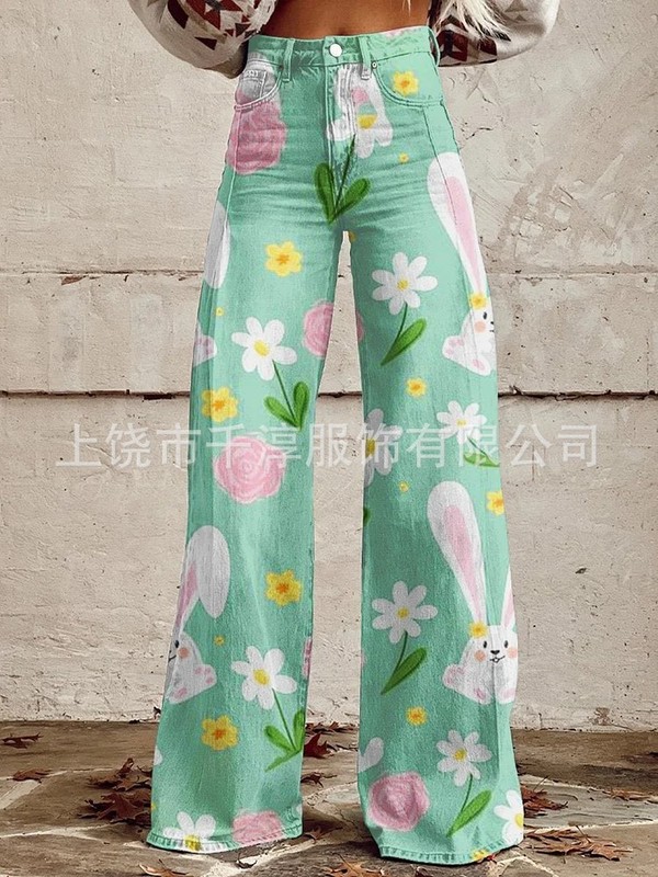 跨境欧美独立站爆款数码印花假牛仔女士阔腿裤 女士喇叭修身长裤|undefined