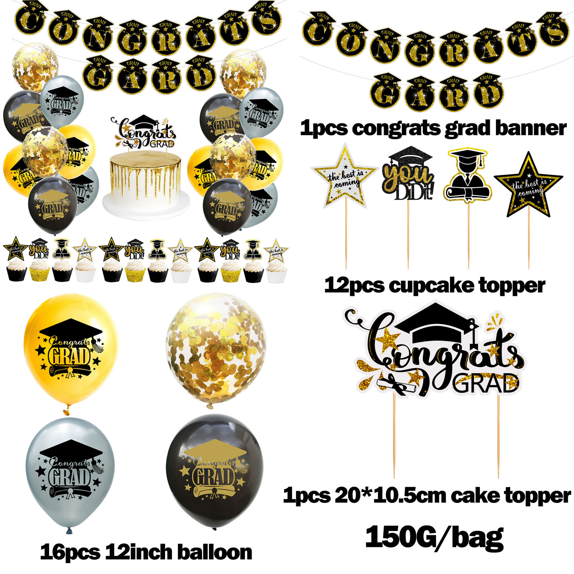 Temporada de graduación de Oro Negro tema Fiesta tire bandera espiral decoración aula foto pared graduación temporada fiesta globo Decoración