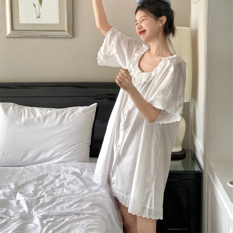 フランスのプリンセス風の透かし彫りのレースの眠りのスカートの女性の夏のゆったりしている女性の半袖の白いワンピースの眠りのスカート|undefined