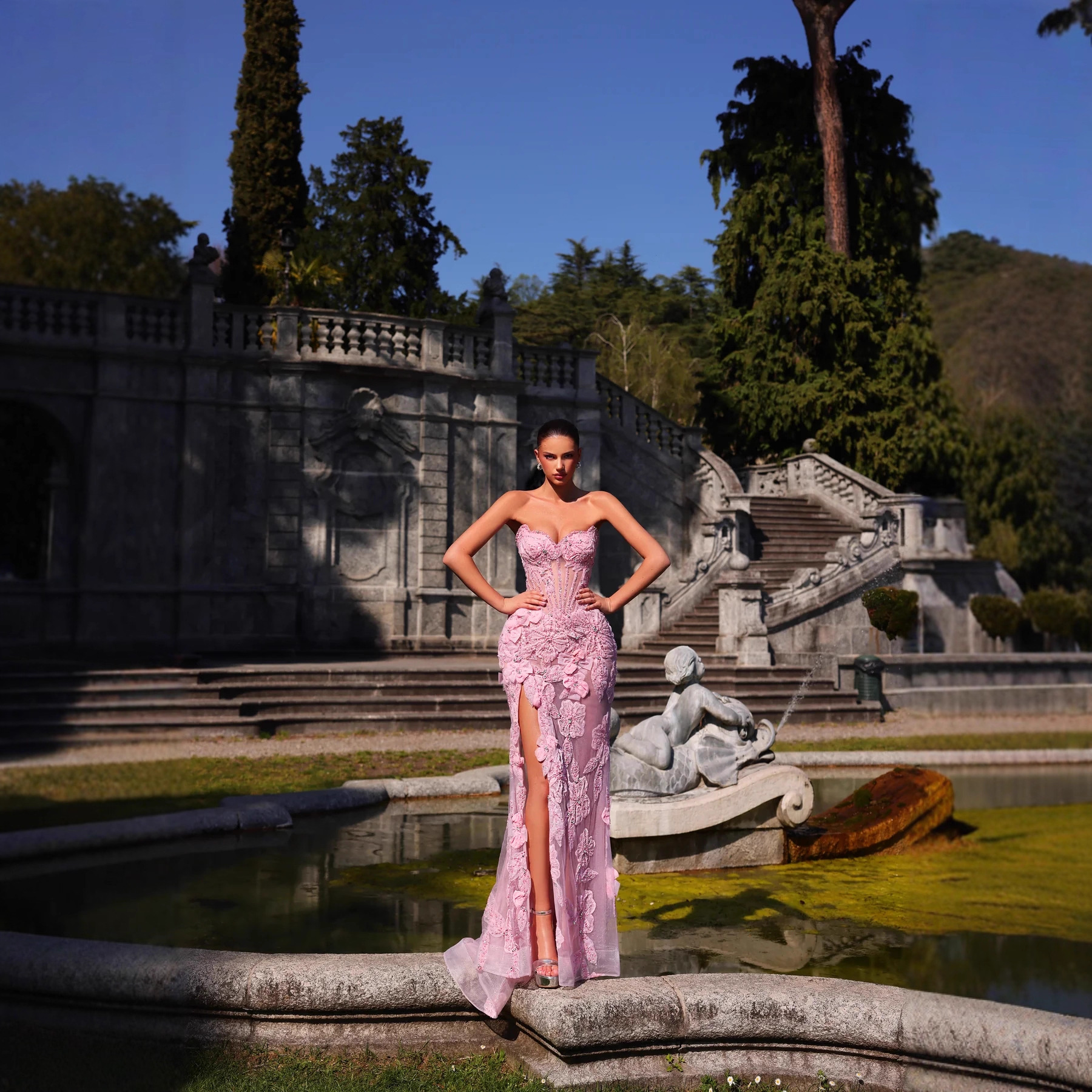 Aliexpress Popular Three-Dimensional Heavy-Duty Floral Beaded Sexy Strapless Slit Party Dress for Foreign Trade Export Independent Station