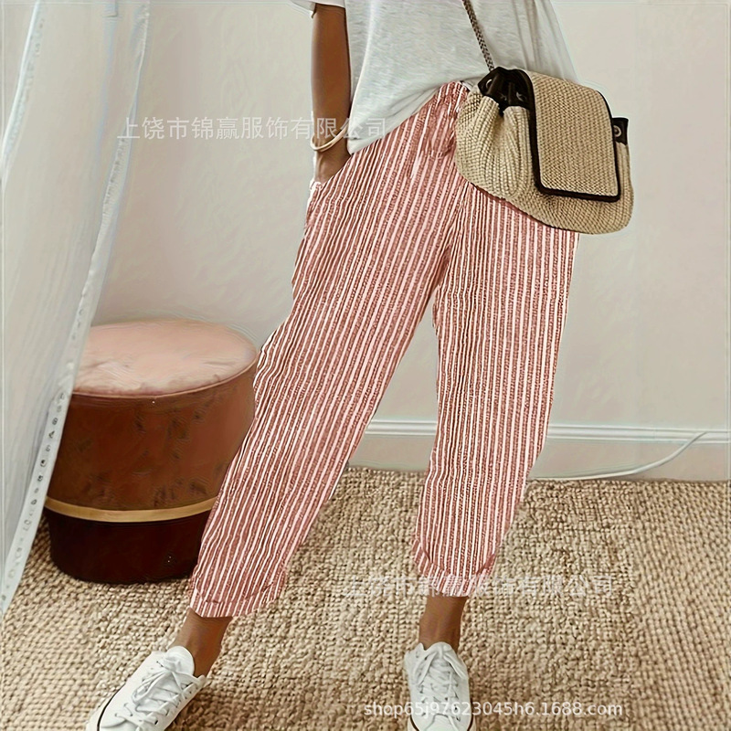 Blue and white thin vertical striped pleated textured elastic waist cropped jogger pants for women, with pockets, lightweight vacation casual pants Blue and white thin vertical striped pleated textured elastic waist cropped jogger pants for women, with pockets, lightweight vacation casual pants