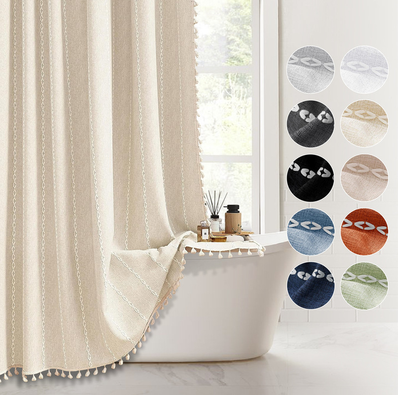 Cross-border Amazon waterproof shower curtain polyester linen striped farmhouse style waterproof bathroom curtain with tassel