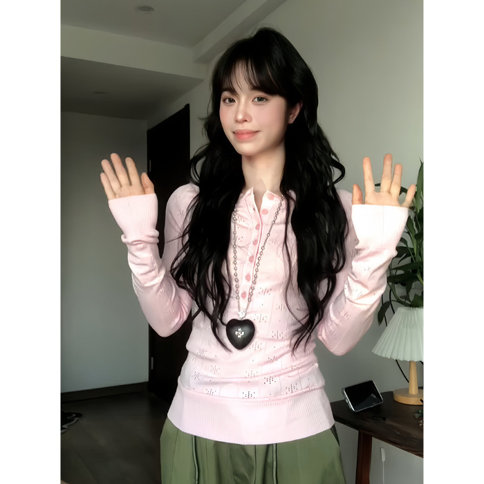 早秋辣妹复古镂空针织衫打底衫女长袖修身设计感T恤粉色上衣|undefined