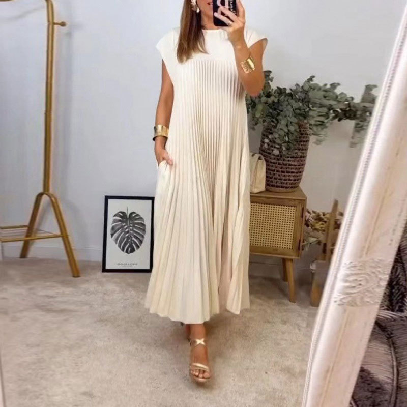2025 spring new dress cross-border European and American women's elegant fashion round neck sleeveless pleated long dress