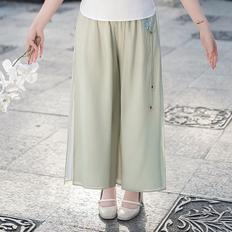 良質中国風夏綿とリネン半袖刺繍スタンドカラースリムレトロ文学茶服トップスーツ|undefined
