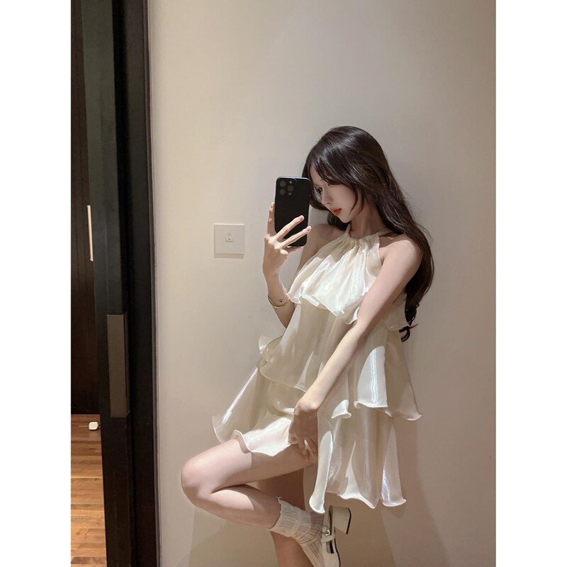 Solid Color Ruffle Stitching dress Women's Summer Sweet Elegant Neck Skirt First Love Gentle Cake Skirt Trendy