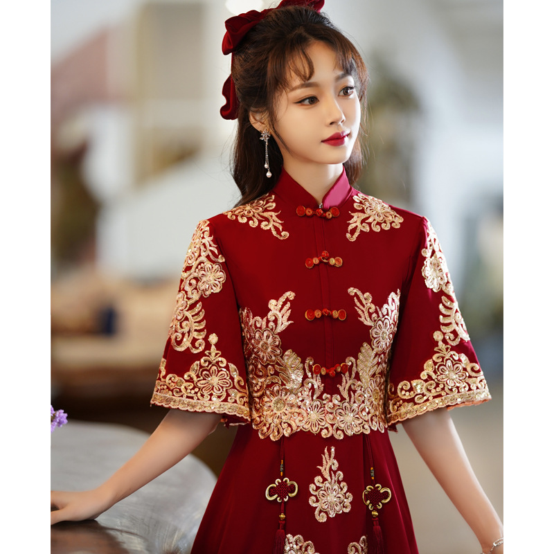 Vestido de novia para brindis 2026, nuevo vestido de verano para compromiso y fiesta de graduación, vestido rojo vino estilo chino para brindis de boda para mujer.