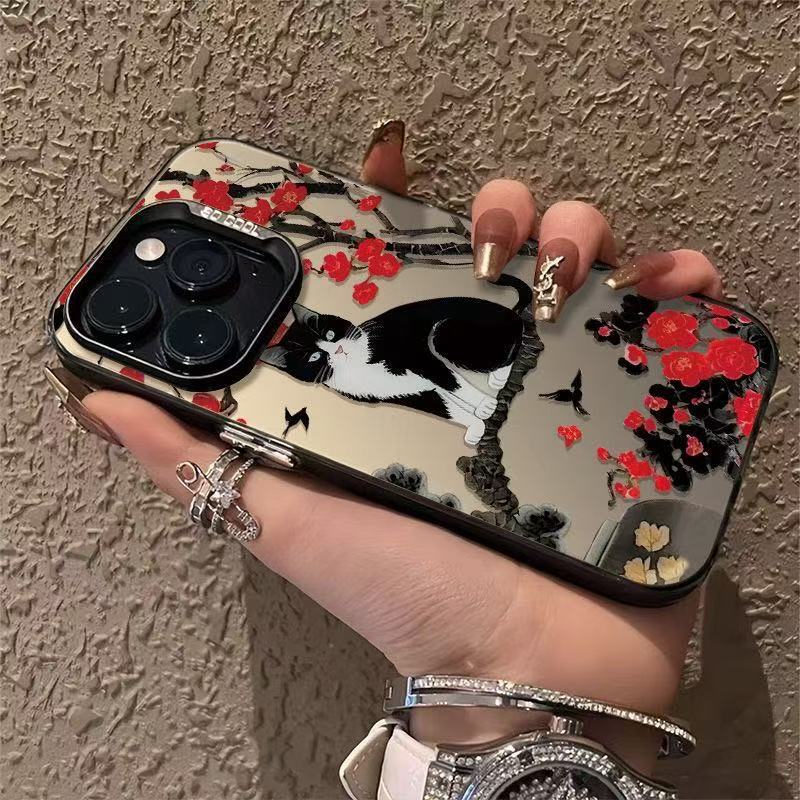 Ciruelo gato negro para iPhone 16 funda para teléfono móvil Apple 15promax/14 anti-caída 13pro12 personalidad 11xr